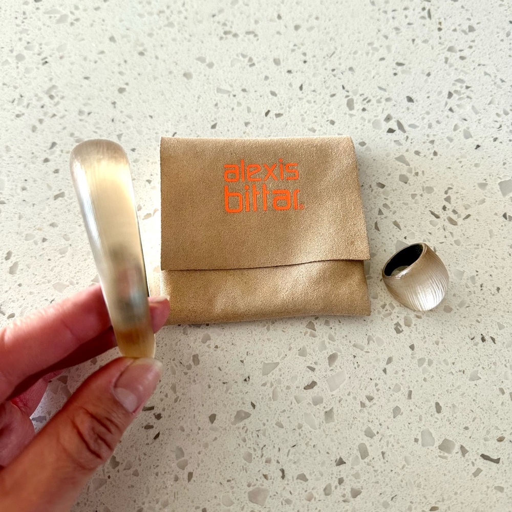 Alexis Bittar bangle & ring set in champagne lucite with light texture.
